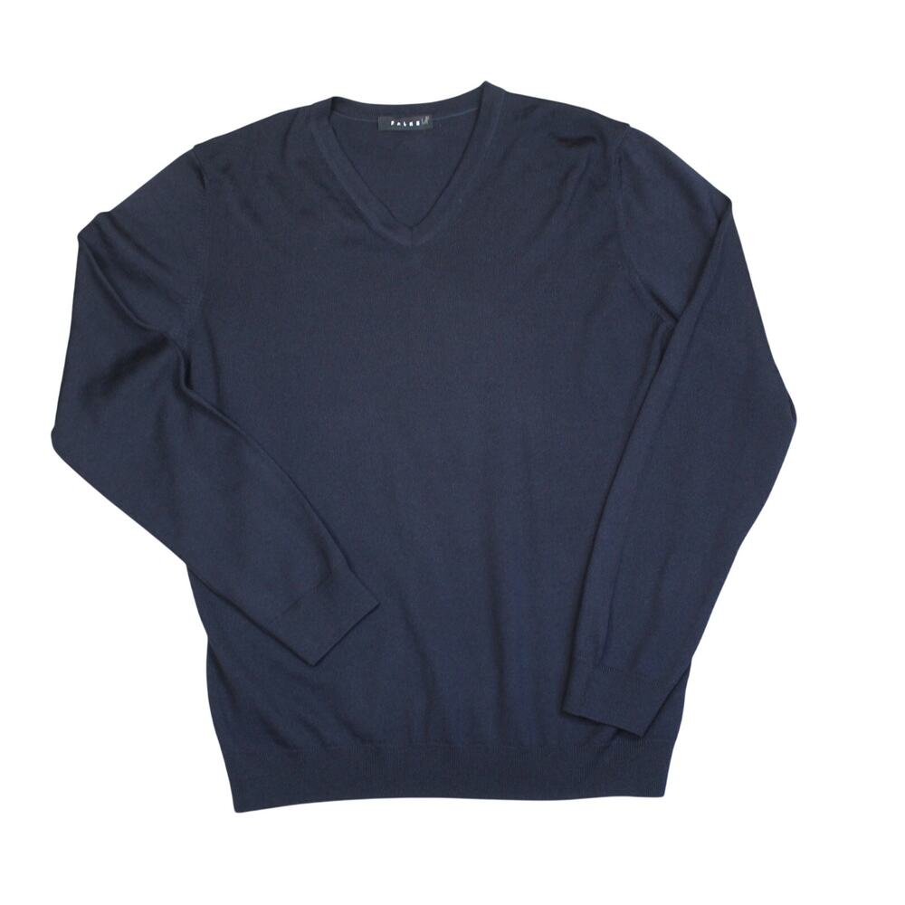 Falke Sweater Mens Large Navy Blue 100% Virgin Wool V Neck Fine Knit Luxury